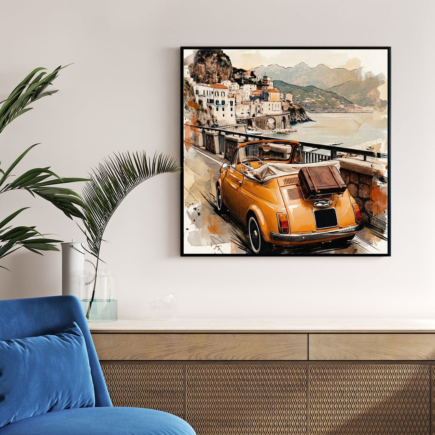 Vintage Fiat 500 convertible Amalfi Coast watercolour travel art