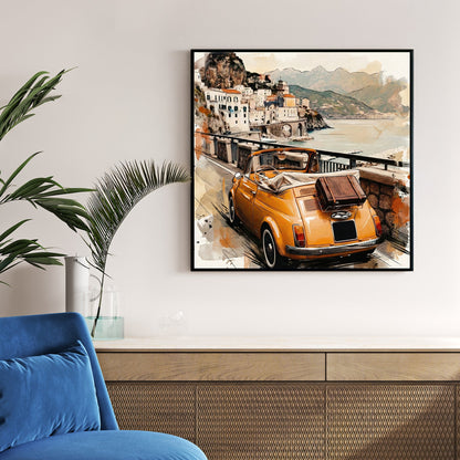 Vintage Fiat 500 convertible Amalfi Coast watercolour travel art