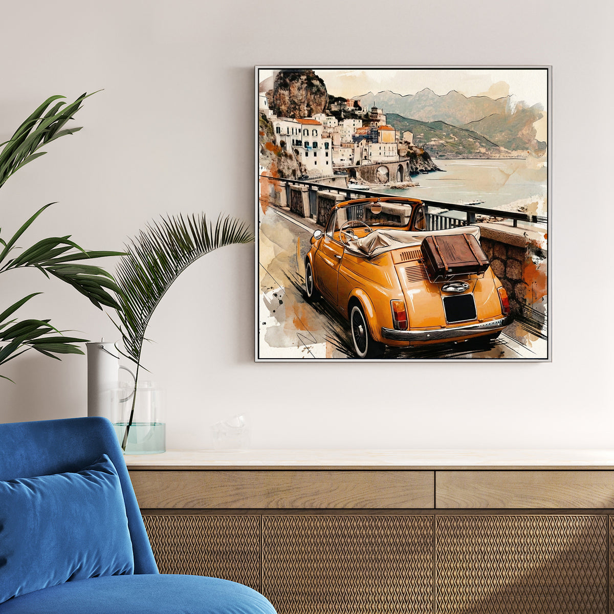 Vintage Fiat 500 convertible Amalfi Coast watercolour travel art