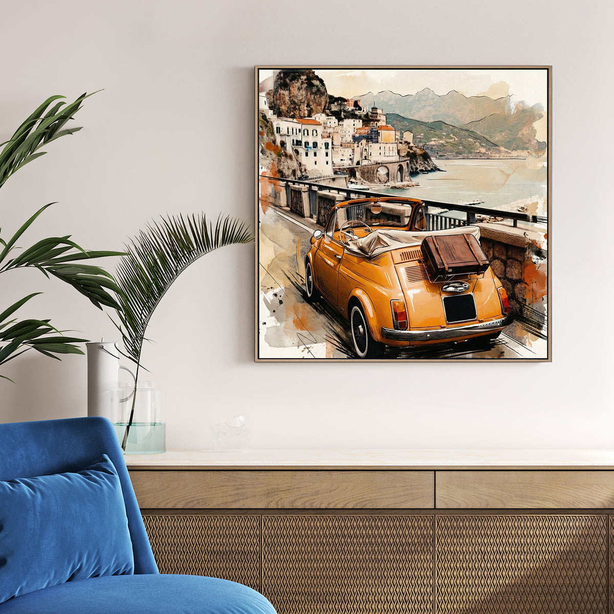 Vintage Fiat 500 convertible Amalfi Coast watercolour travel art