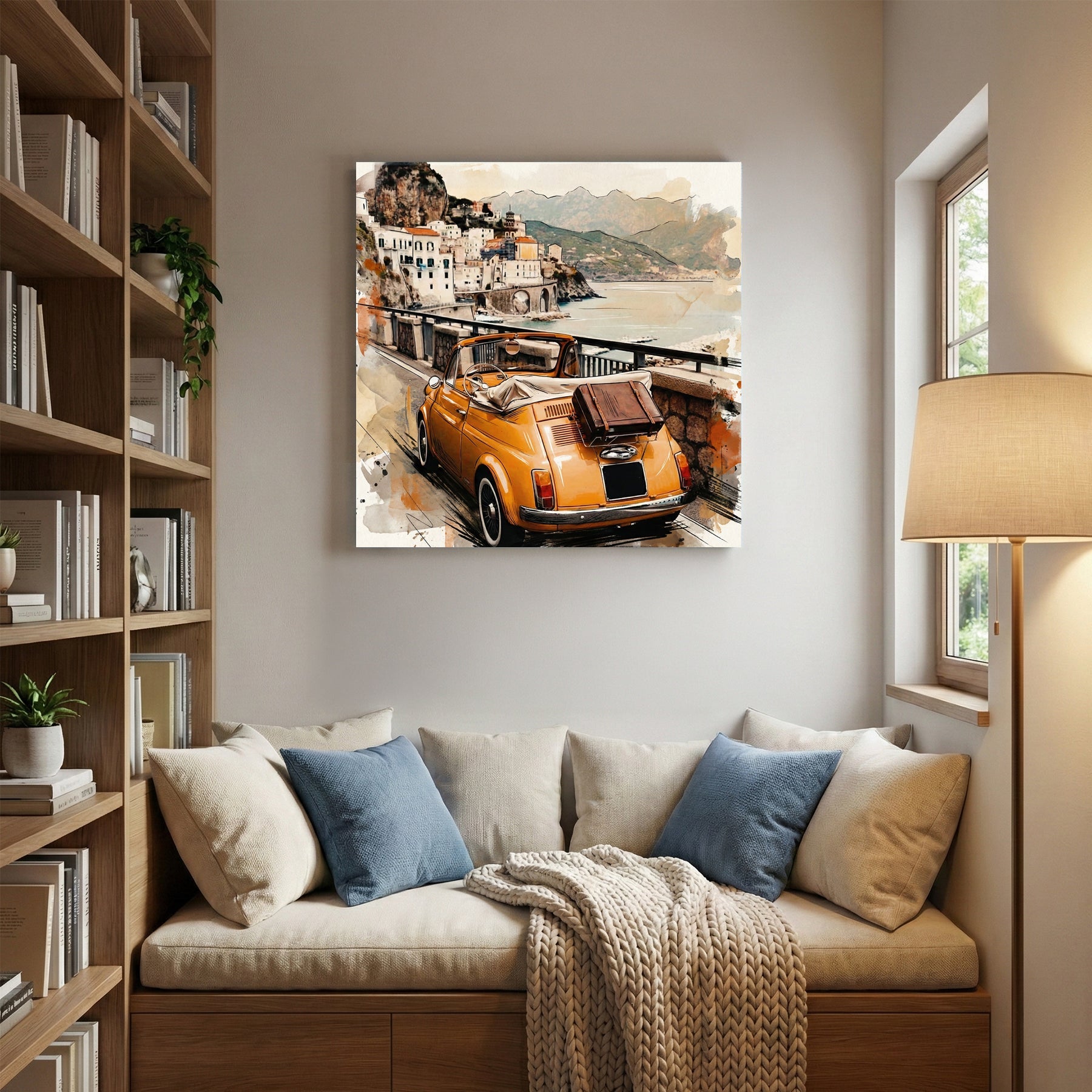 Vintage Fiat 500 convertible Amalfi Coast watercolour travel art