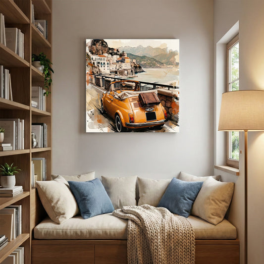 Vintage Fiat 500 convertible Amalfi Coast watercolour travel art