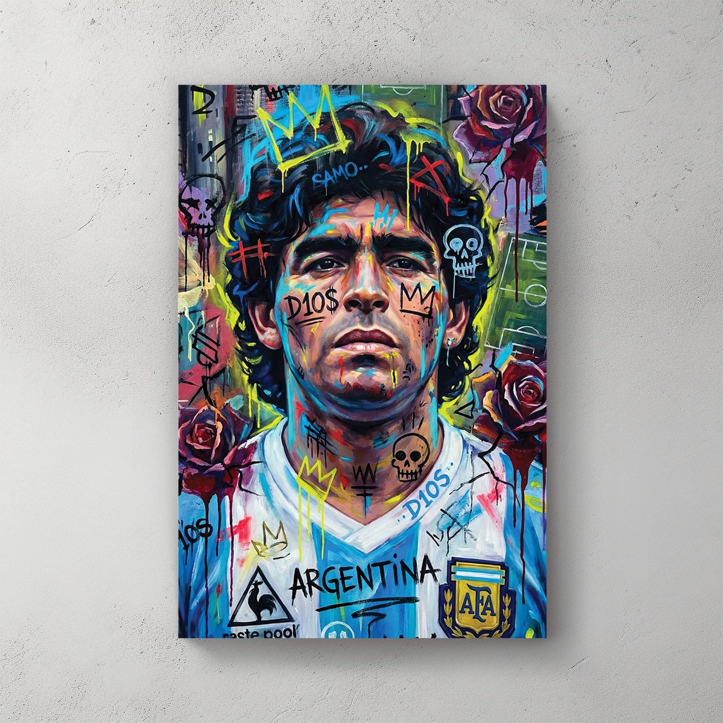 Diego Maradona street art portrait with neon yellow overlays wall art