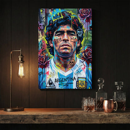 Diego Maradona street art portrait with neon yellow overlays wall art