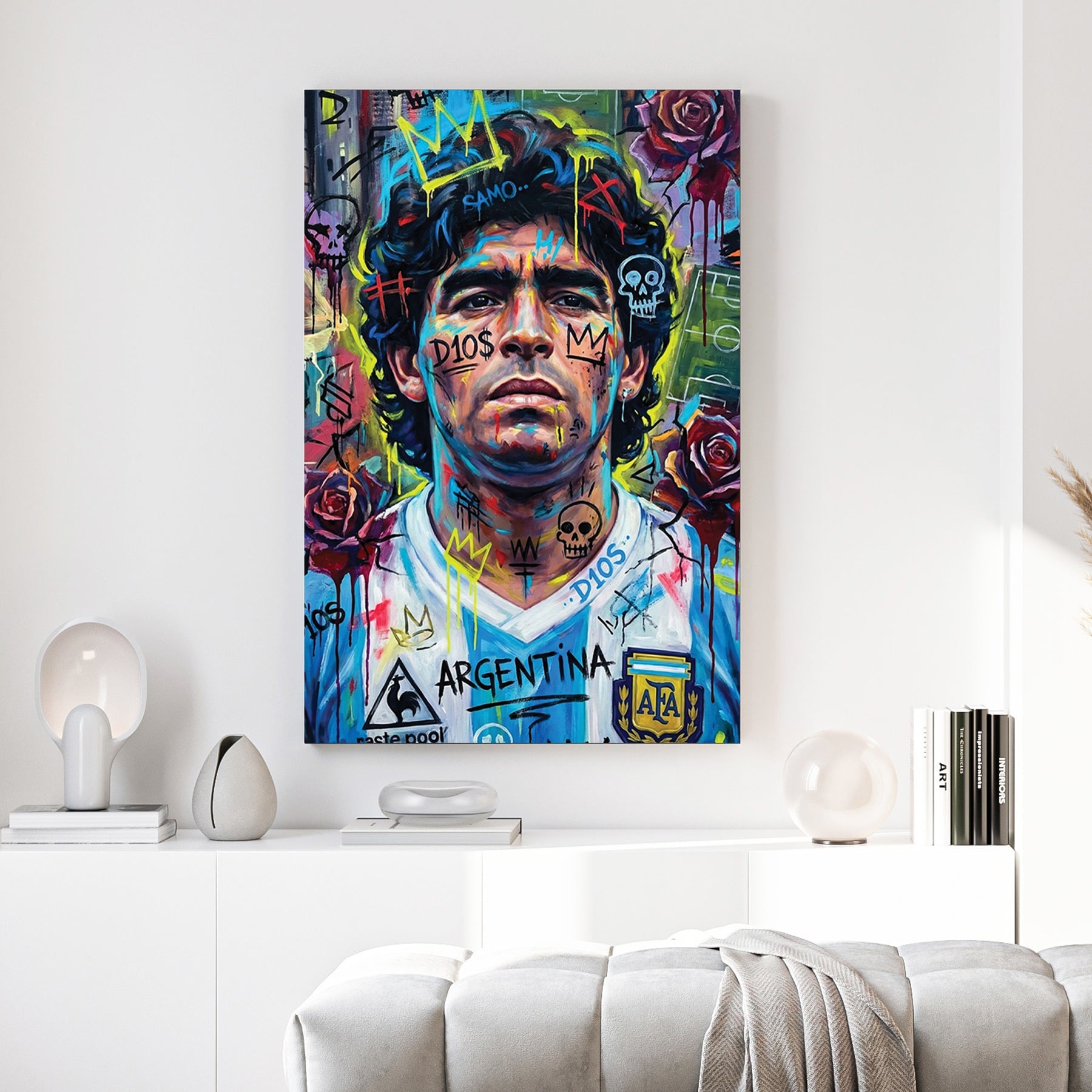 Diego Maradona street art portrait with neon yellow overlays wall art