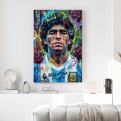 Diego Maradona street art portrait with neon yellow overlays wall art
