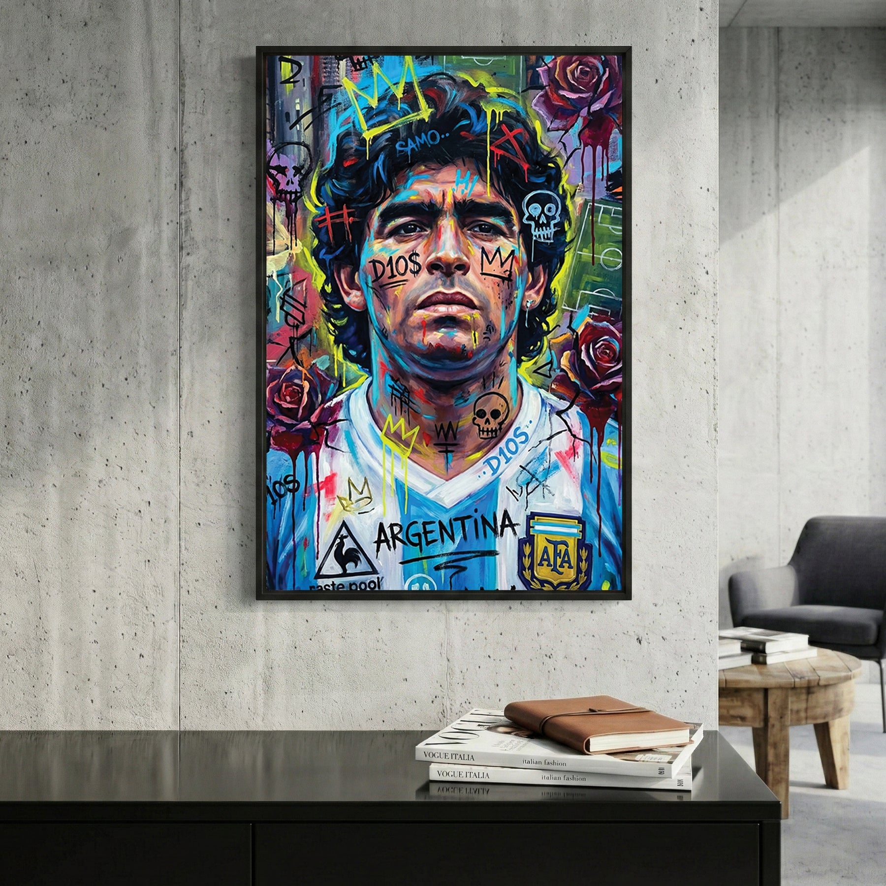 Diego Maradona street art portrait with neon yellow overlays wall art