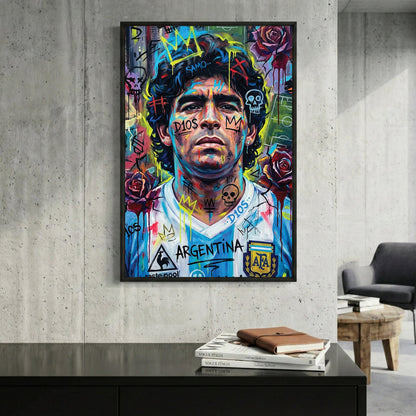 Diego Maradona street art portrait with neon yellow overlays wall art