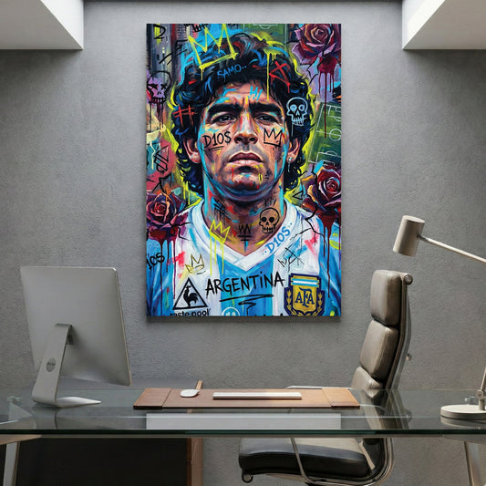 Diego Maradona street art portrait with neon yellow overlays wall art