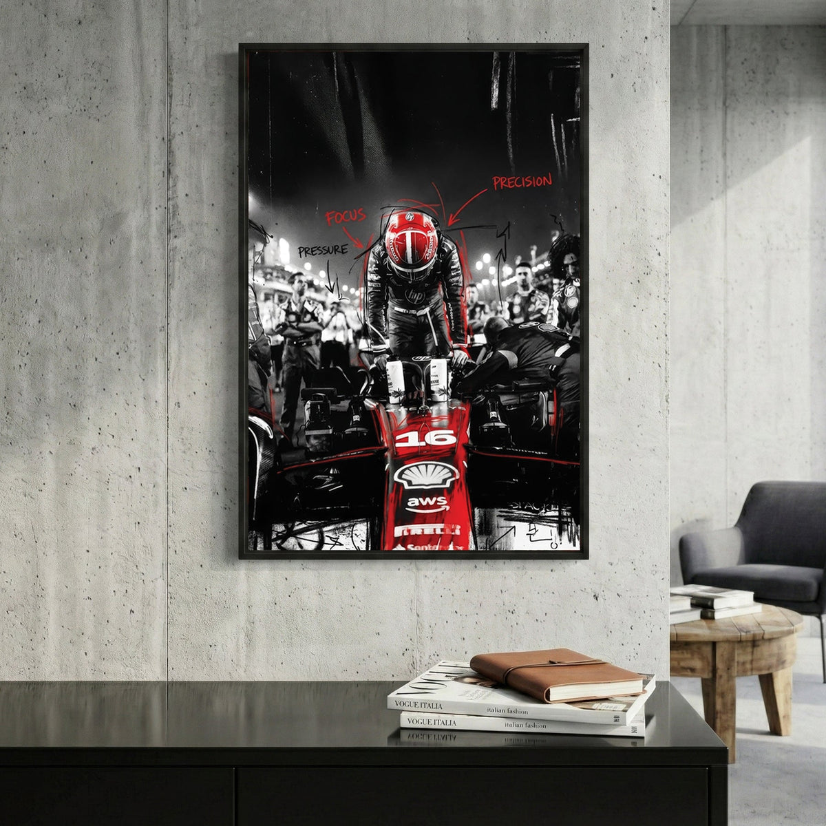 Charles Leclerc F1 driver portrait racing wall art print bold