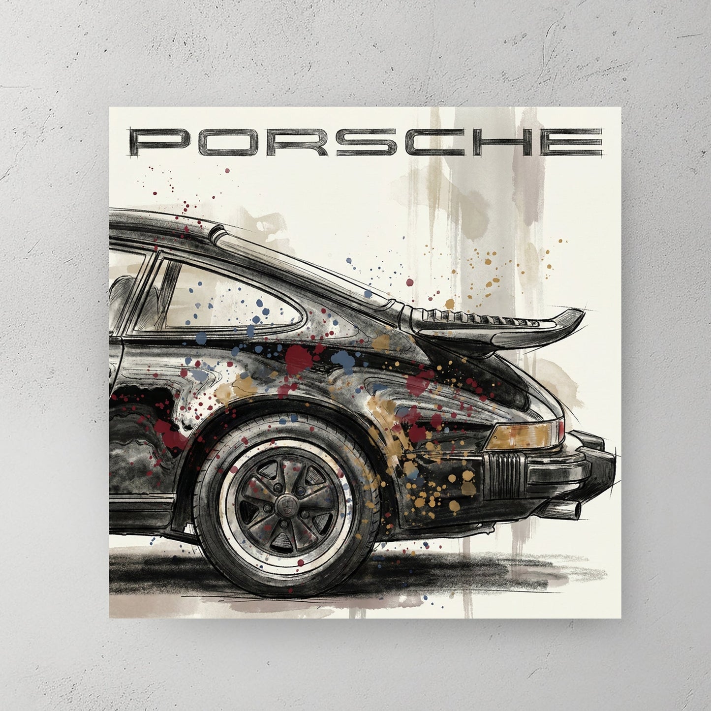 Porsche 911 classic car sketch watercolour wall art gold and blue