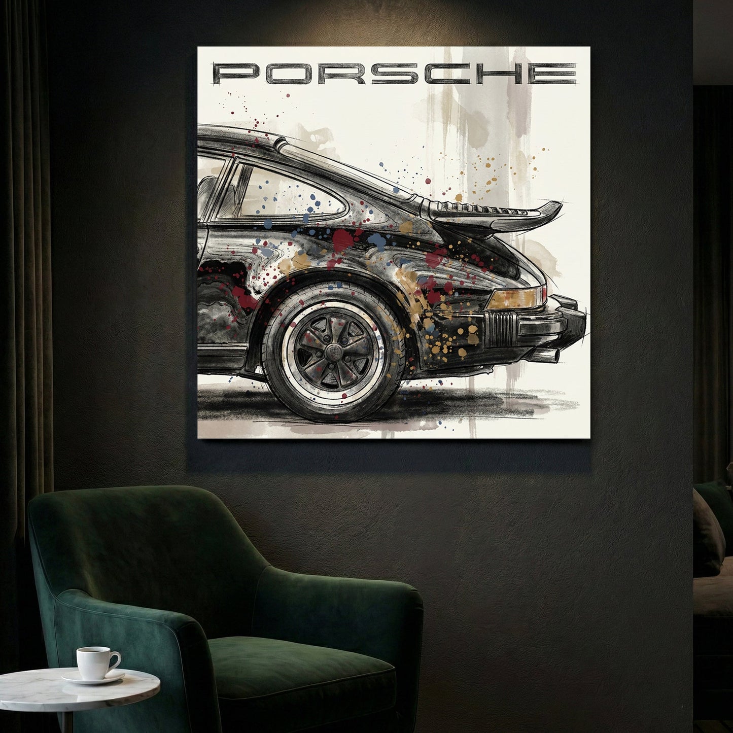 Porsche 911 classic car sketch watercolour wall art gold and blue