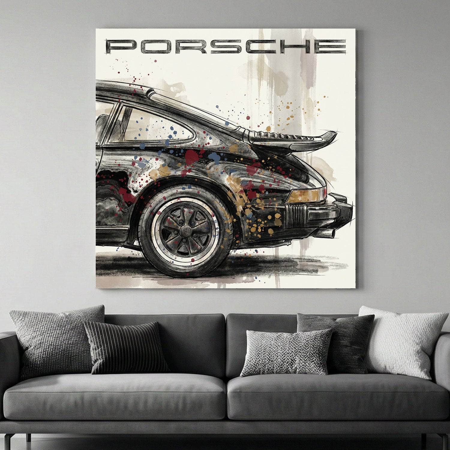 Porsche 911 classic car sketch watercolour wall art gold and blue