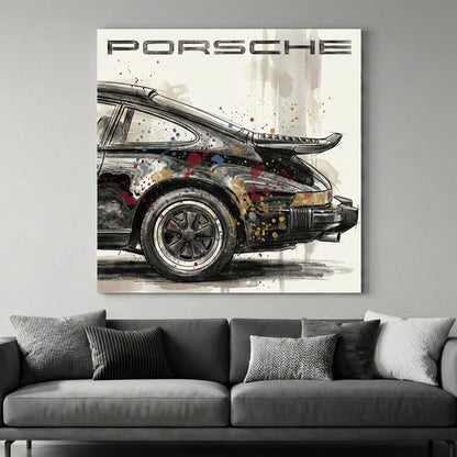 Porsche 911 classic car sketch watercolour wall art gold and blue