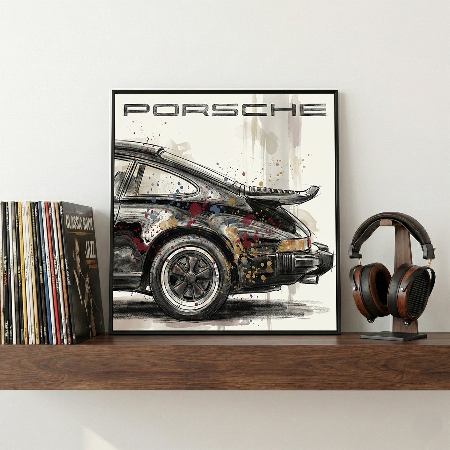 Porsche 911 classic car sketch watercolour wall art gold and blue