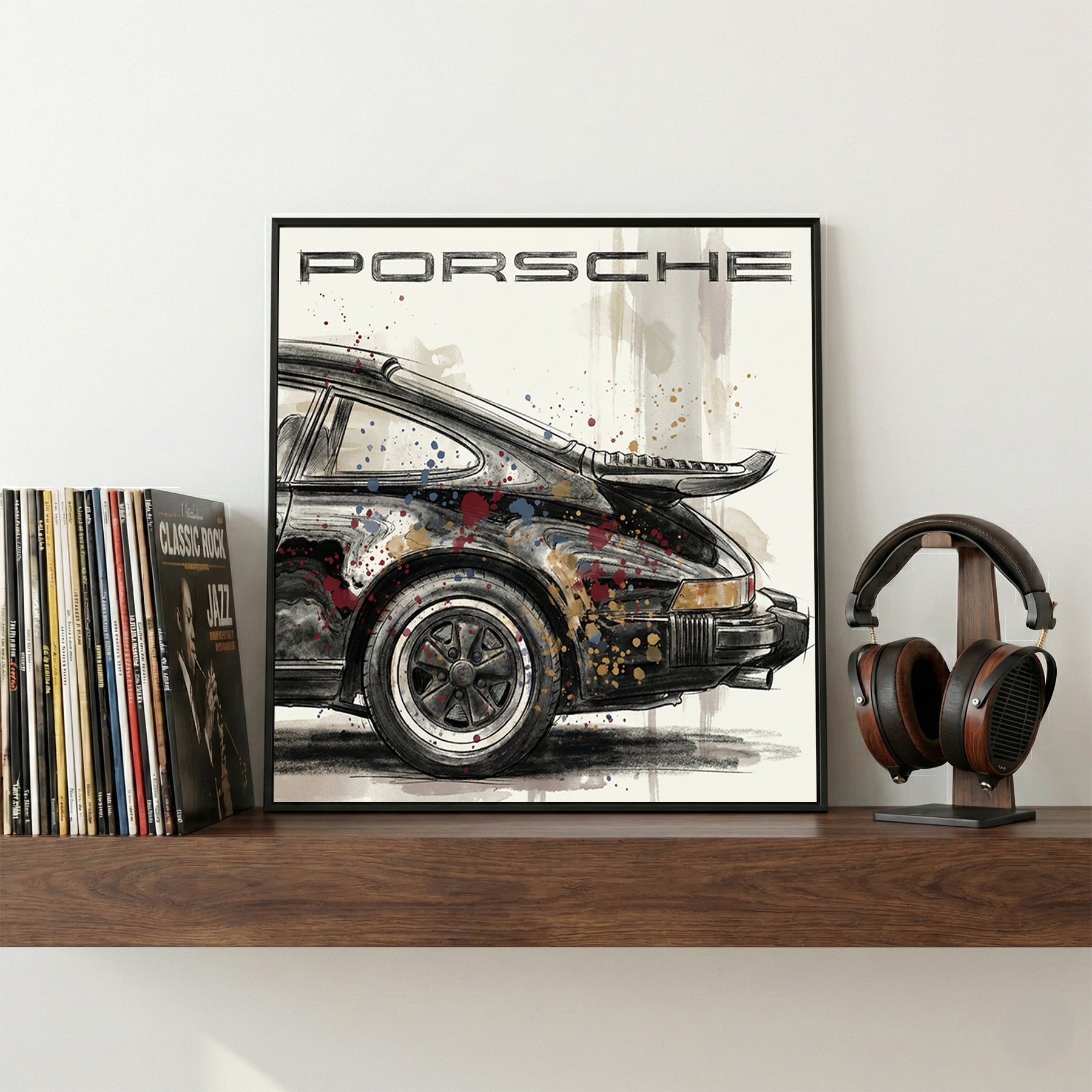 Porsche 911 classic car sketch watercolour wall art gold and blue
