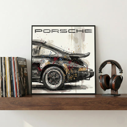 Porsche 911 classic car sketch watercolour wall art gold and blue