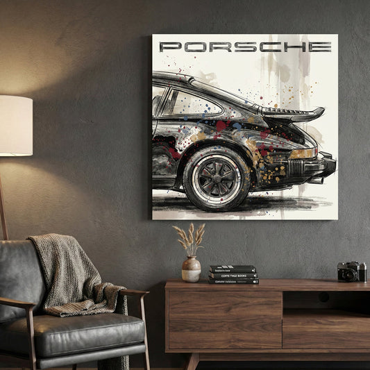 Porsche 911 classic car sketch watercolour wall art gold and blue