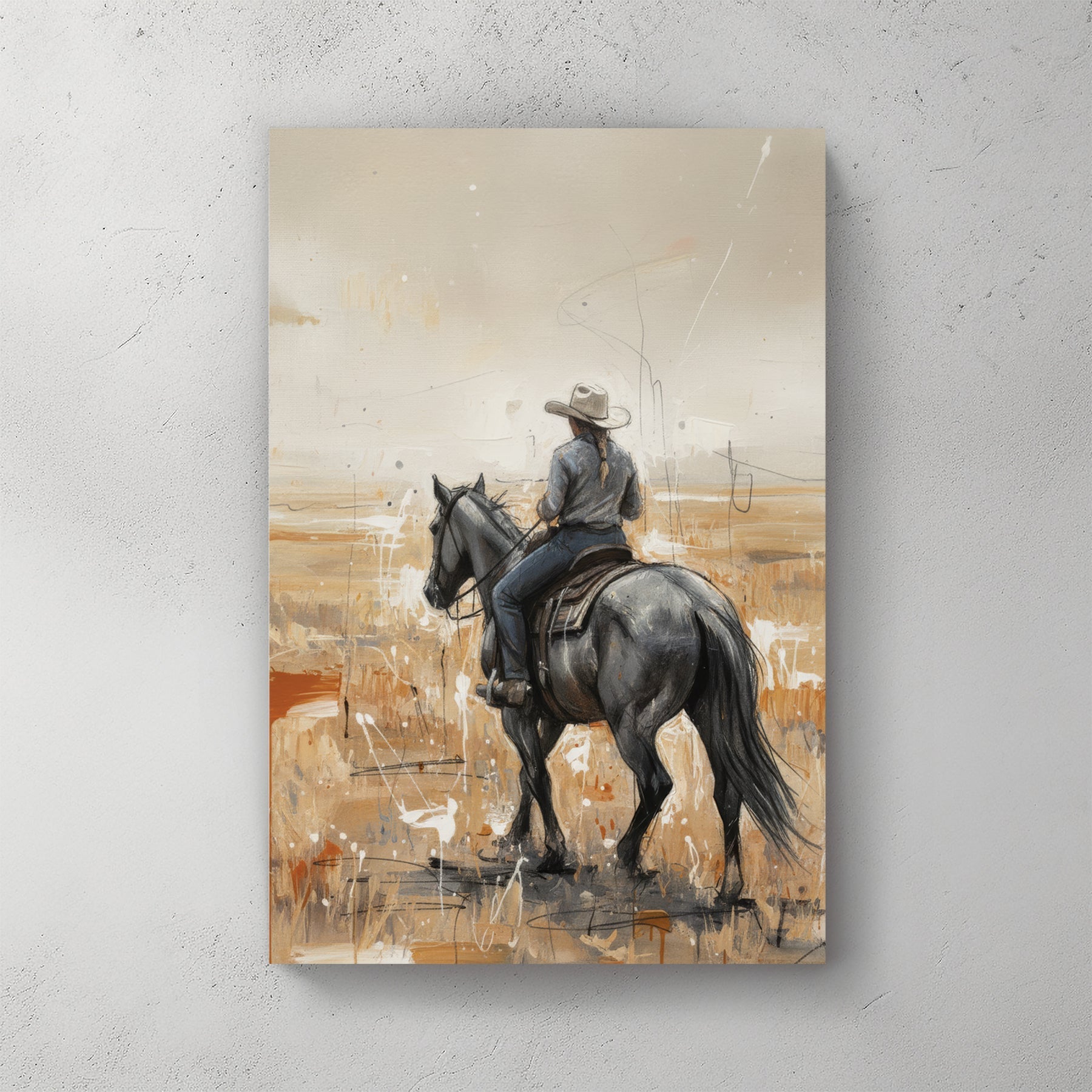 Cowboy on horse western landscape sketch rustic wall art