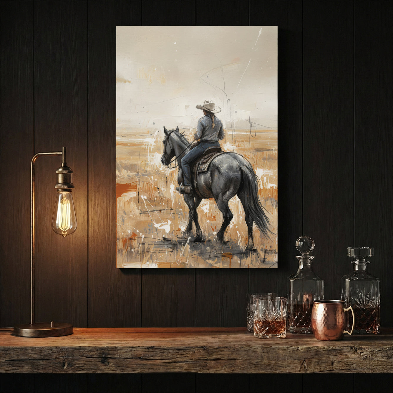 Cowboy on horse western landscape sketch rustic wall art