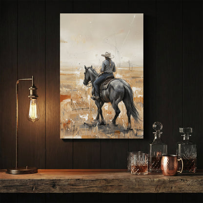 Cowboy on horse western landscape sketch rustic wall art