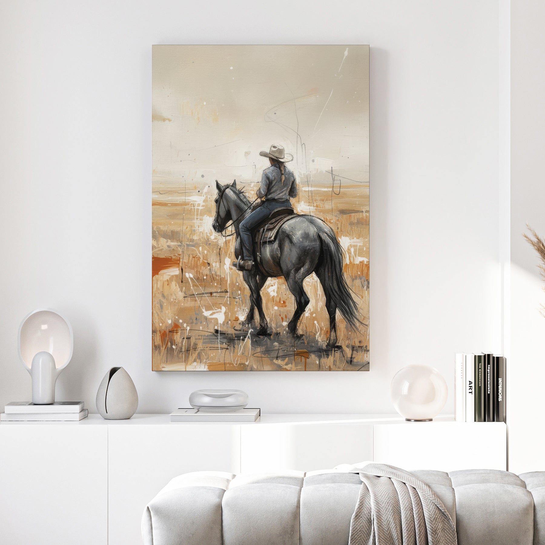 Cowboy on horse western landscape sketch rustic wall art