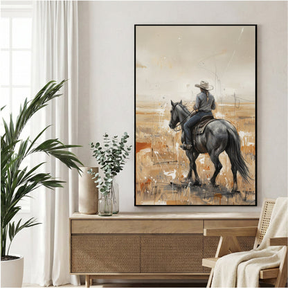 Cowboy on horse western landscape sketch rustic wall art