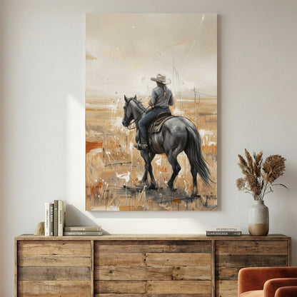 Cowboy on horse western landscape sketch rustic wall art
