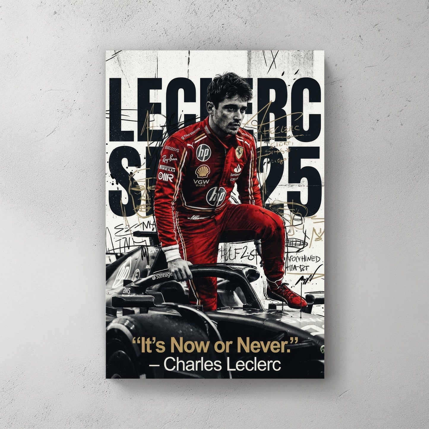 Charles Leclerc Ferrari F1 driver portrait red typography wall art