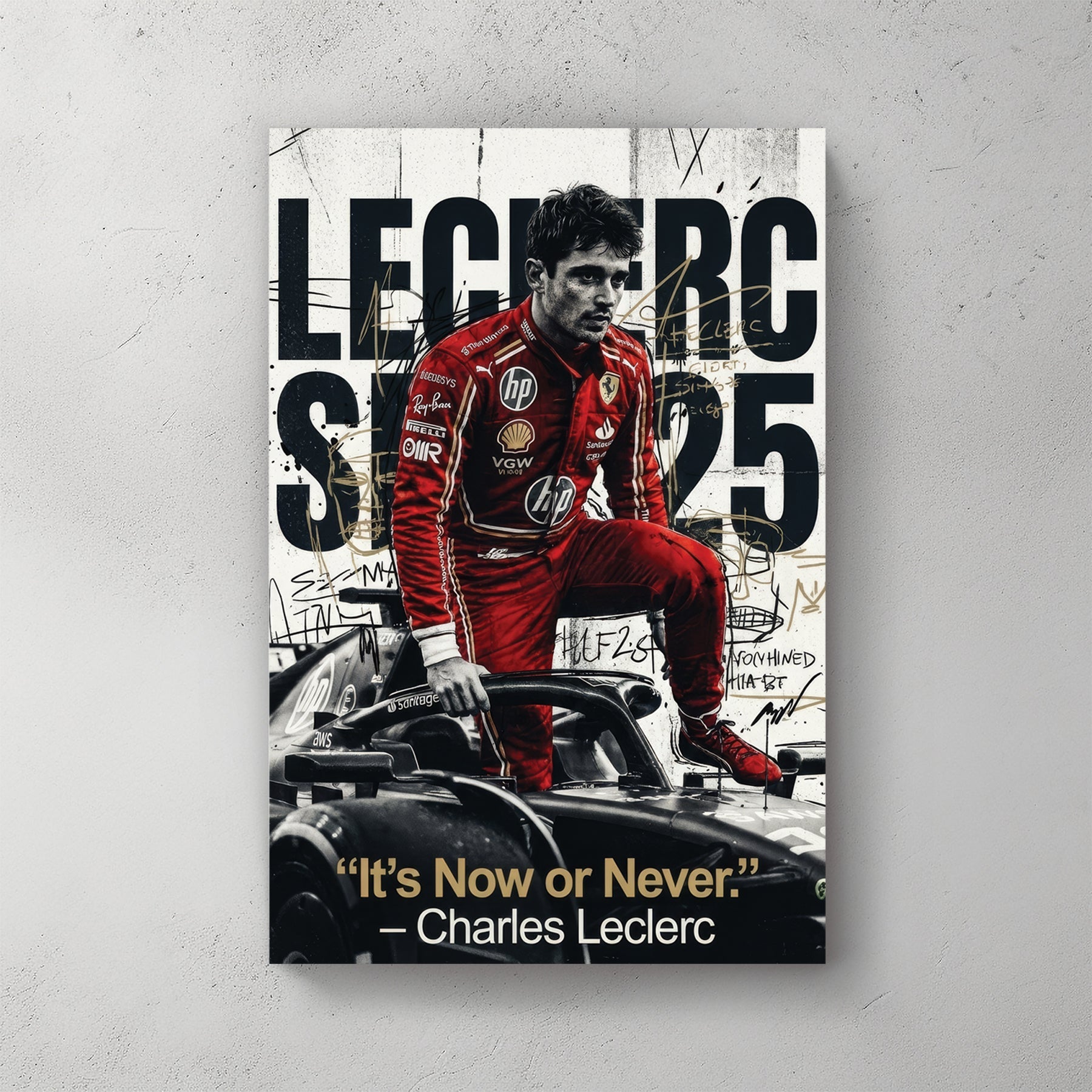 Charles Leclerc Ferrari F1 driver portrait red typography wall art