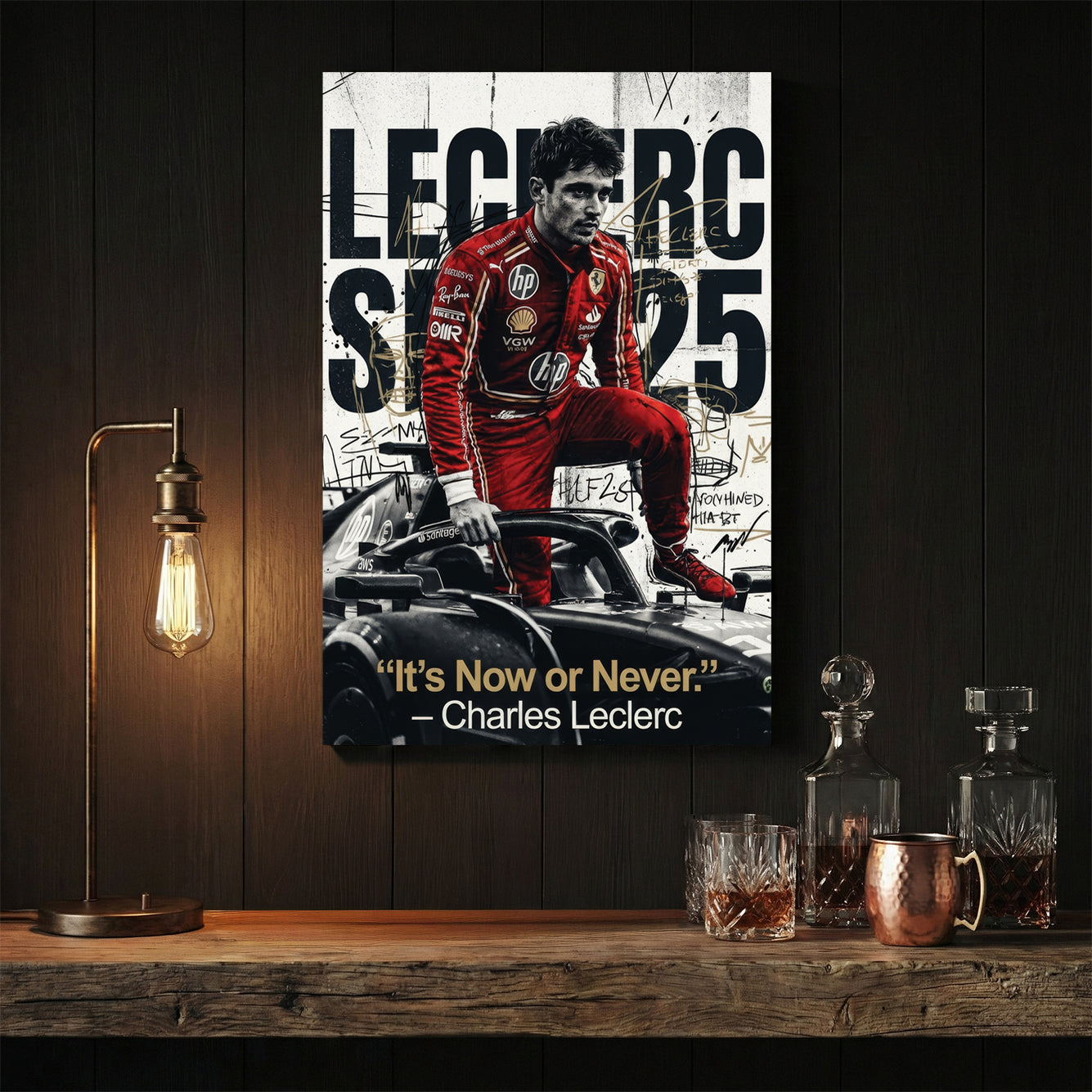Charles Leclerc Ferrari F1 driver portrait red typography wall art