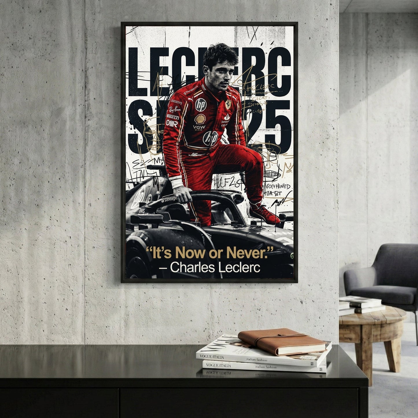 Charles Leclerc Ferrari F1 driver portrait red typography wall art