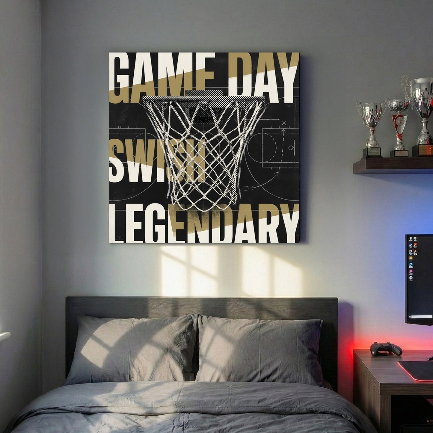 Basketball hoop game day legendary motivational typography wall art