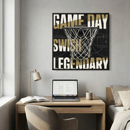 Basketball hoop game day legendary motivational typography wall art