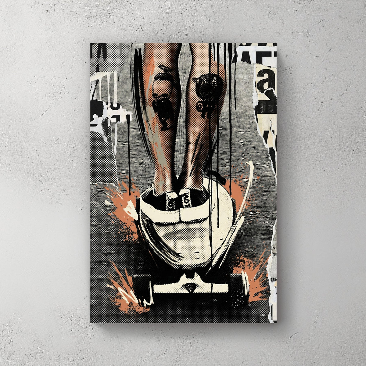 Skateboarder woman urban street art orange accents wall art