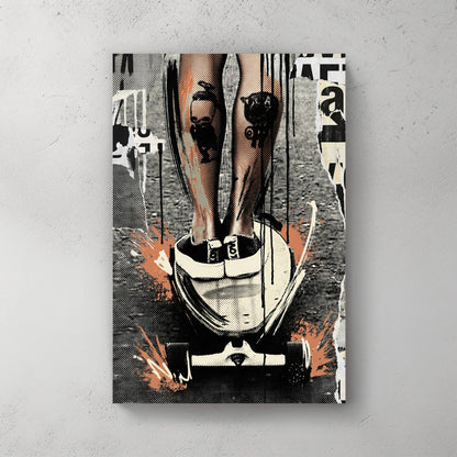 Skateboarder woman urban street art orange accents wall art