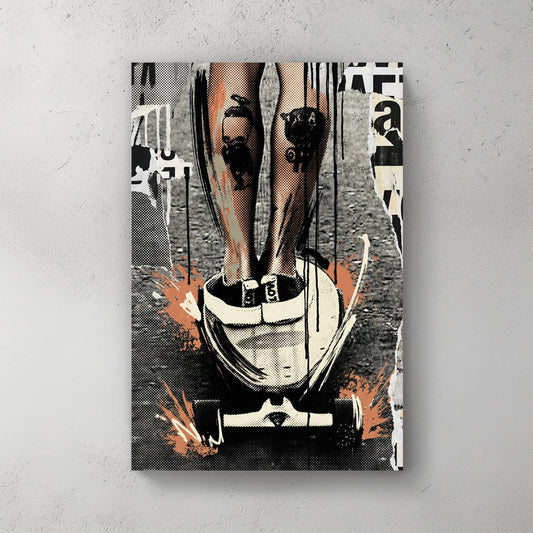 Skateboarder woman urban street art orange accents wall art