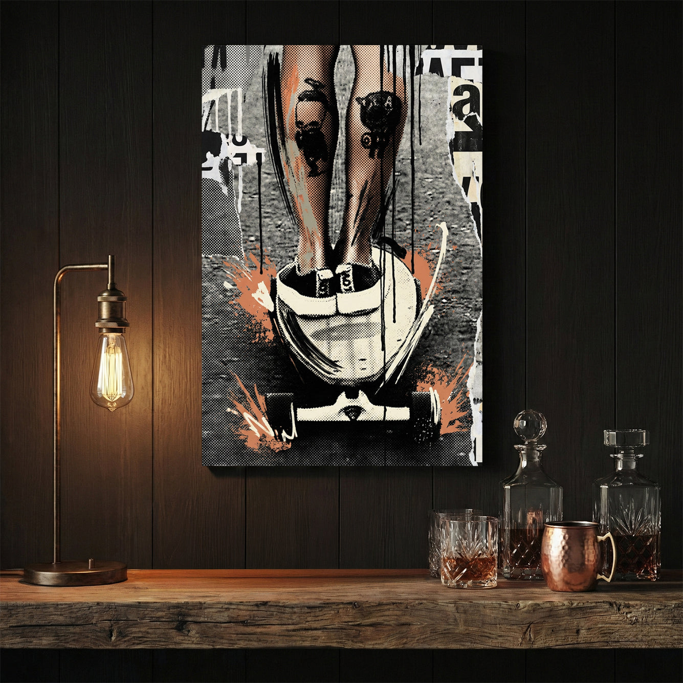 Skateboarder woman urban street art orange accents wall art