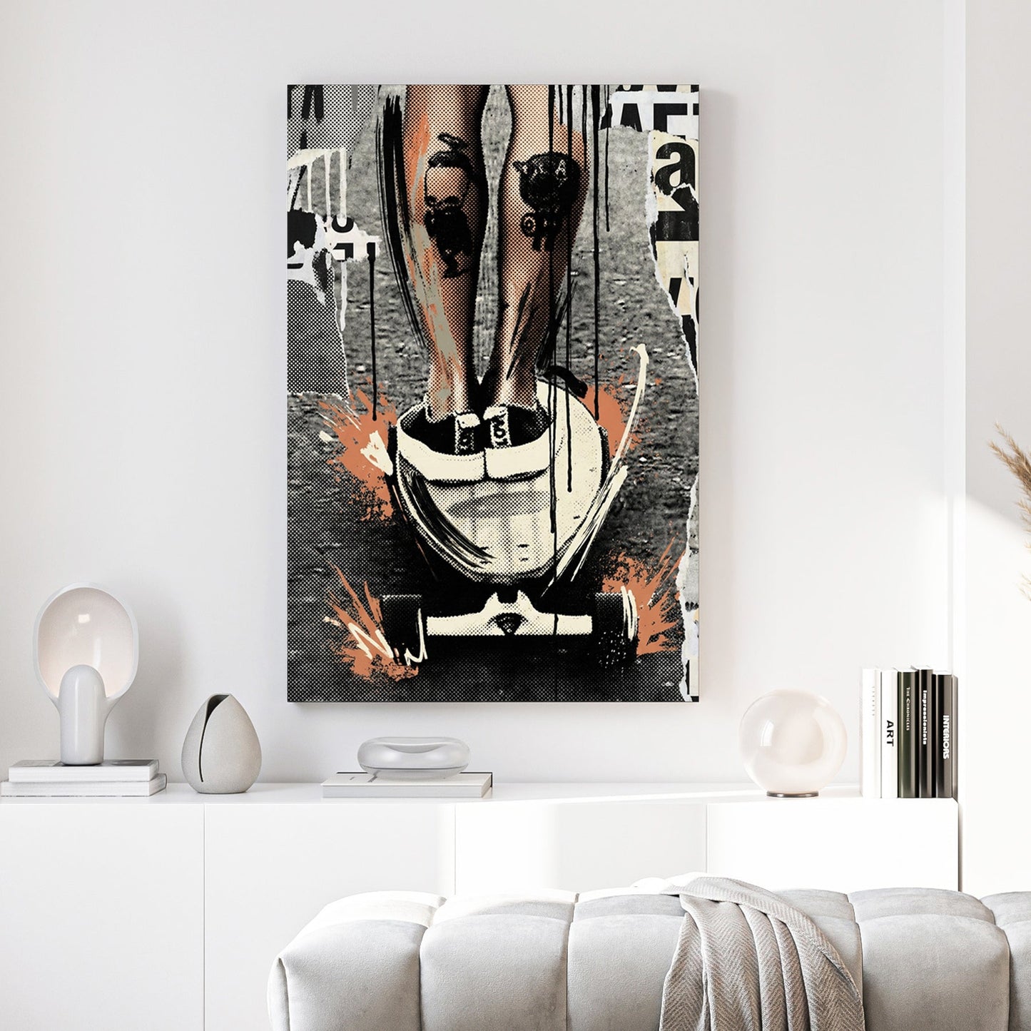 Skateboarder woman urban street art orange accents wall art