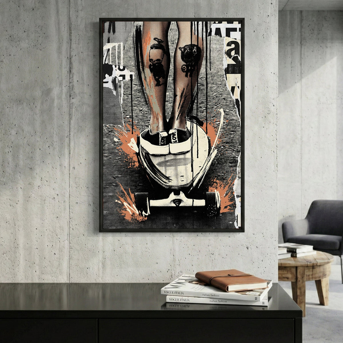Skateboarder woman urban street art orange accents wall art