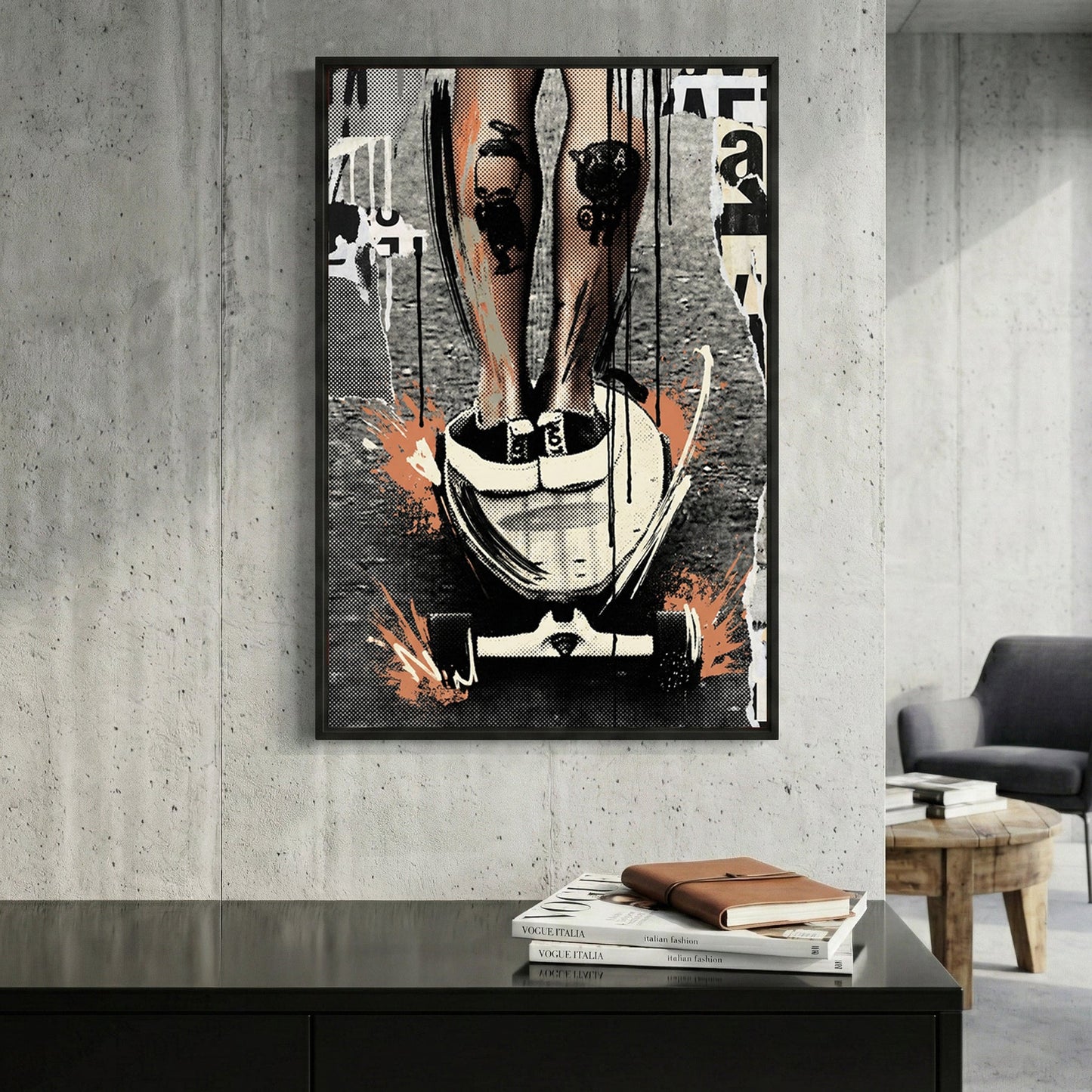 Skateboarder woman urban street art orange accents wall art