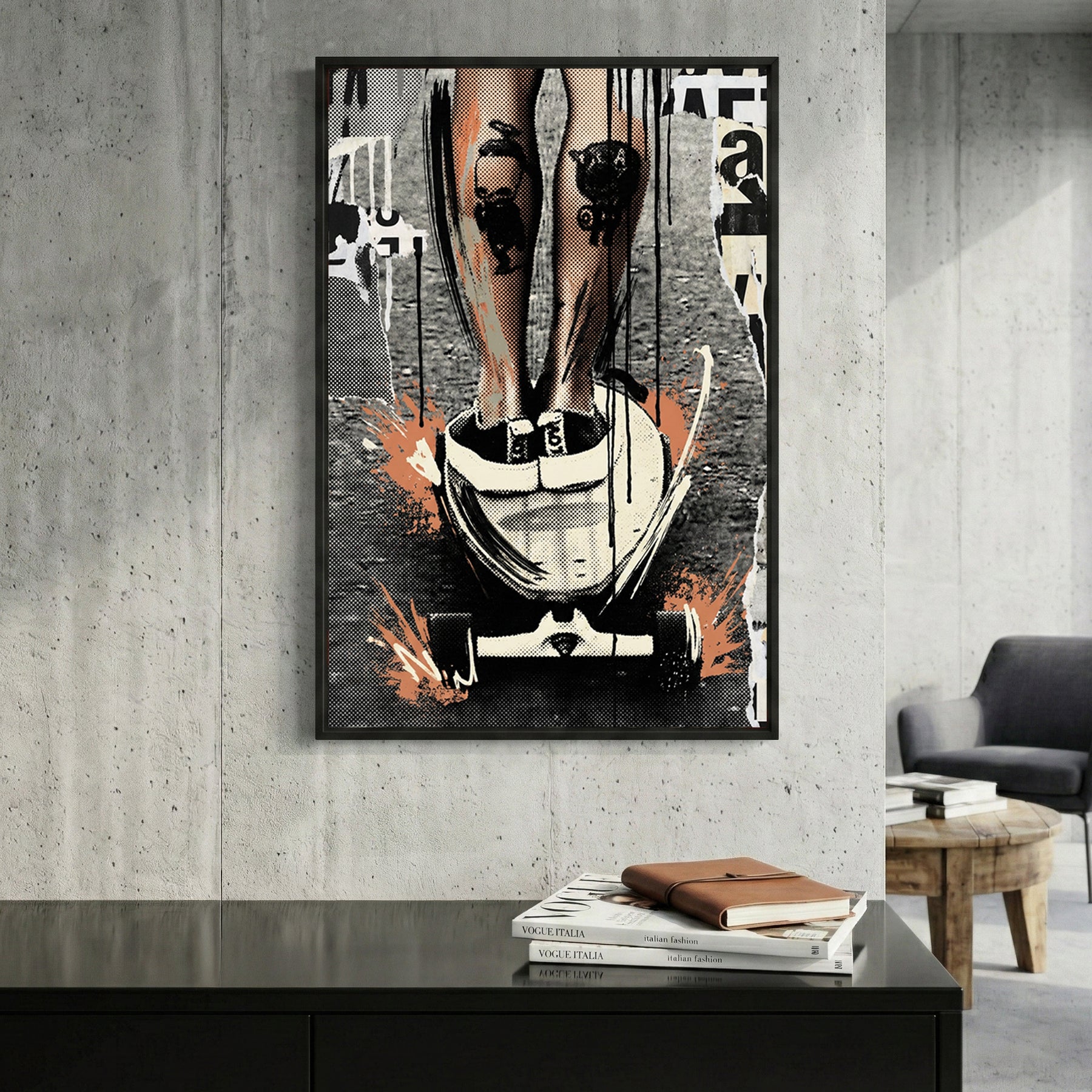 Skateboarder woman urban street art orange accents wall art