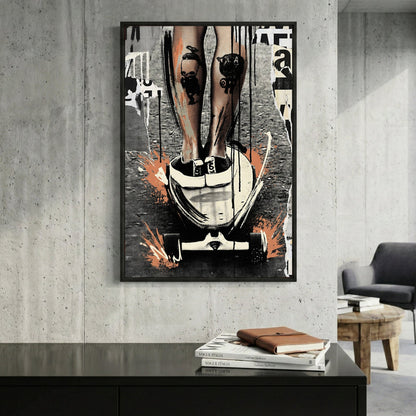Skateboarder woman urban street art orange accents wall art