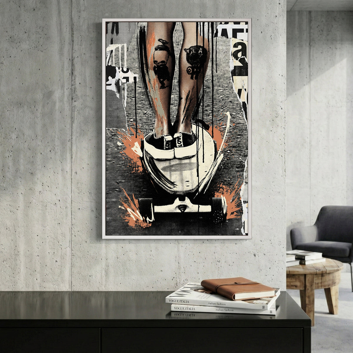 Skateboarder woman urban street art orange accents wall art