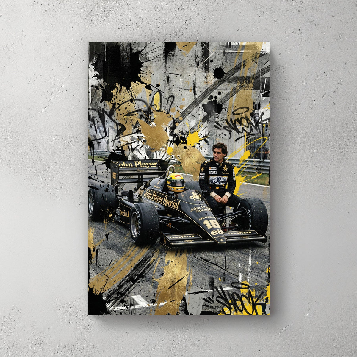 Ayrton Senna F1 car and driver gold black urban mixed media wall art