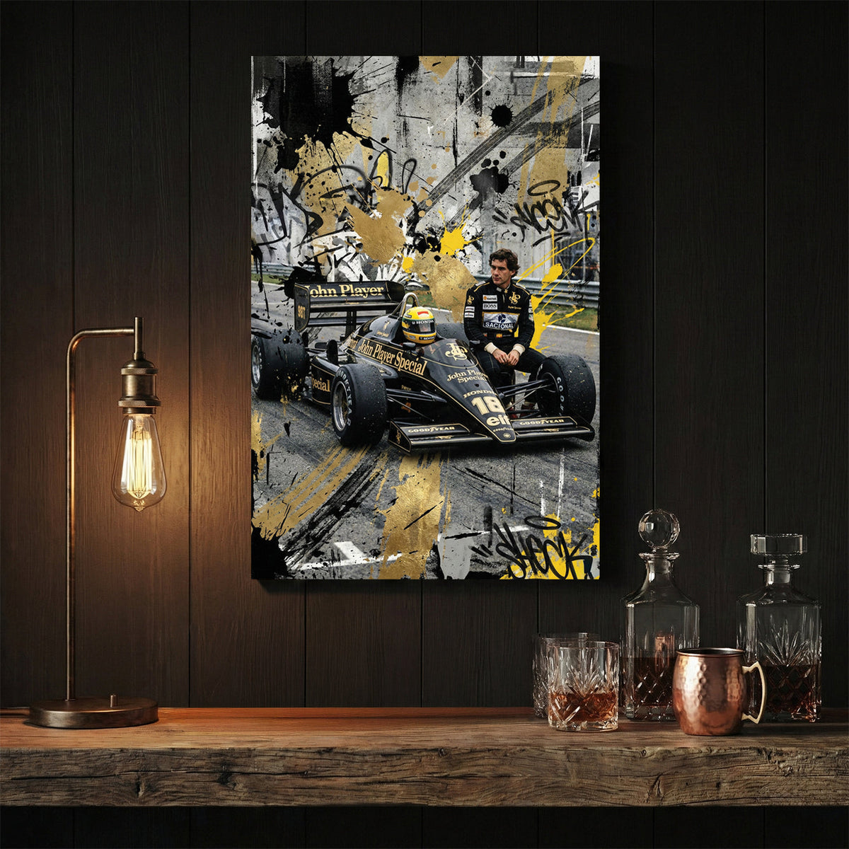 Ayrton Senna F1 car and driver gold black urban mixed media wall art