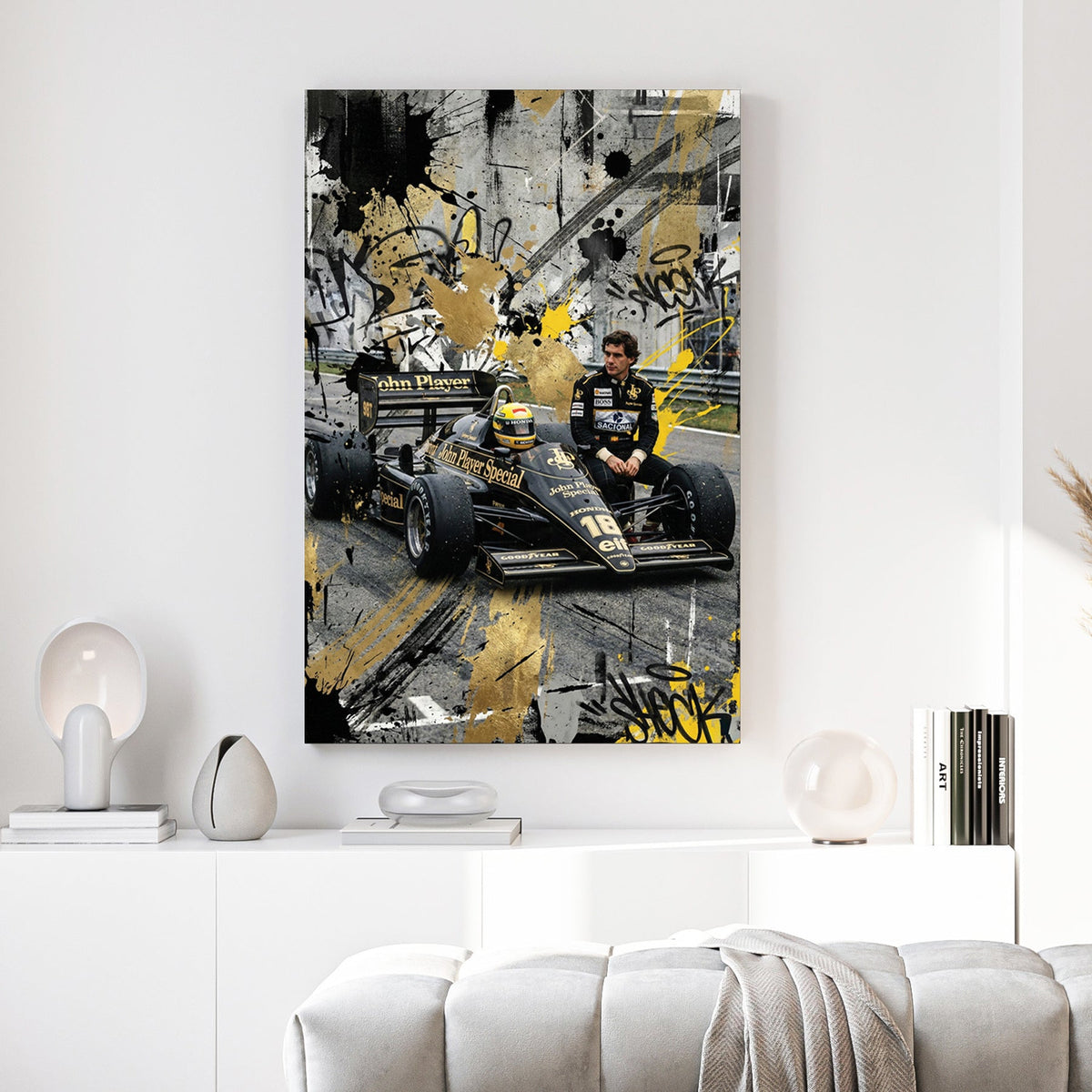 Ayrton Senna F1 car and driver gold black urban mixed media wall art