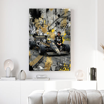 Ayrton Senna F1 car and driver gold black urban mixed media wall art