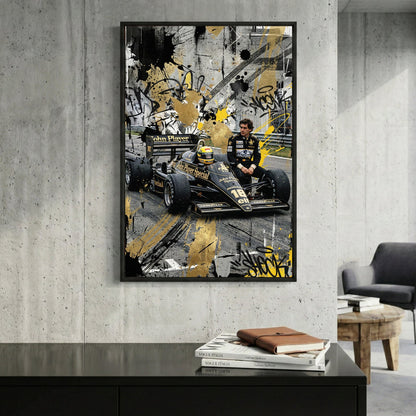 Ayrton Senna F1 car and driver gold black urban mixed media wall art