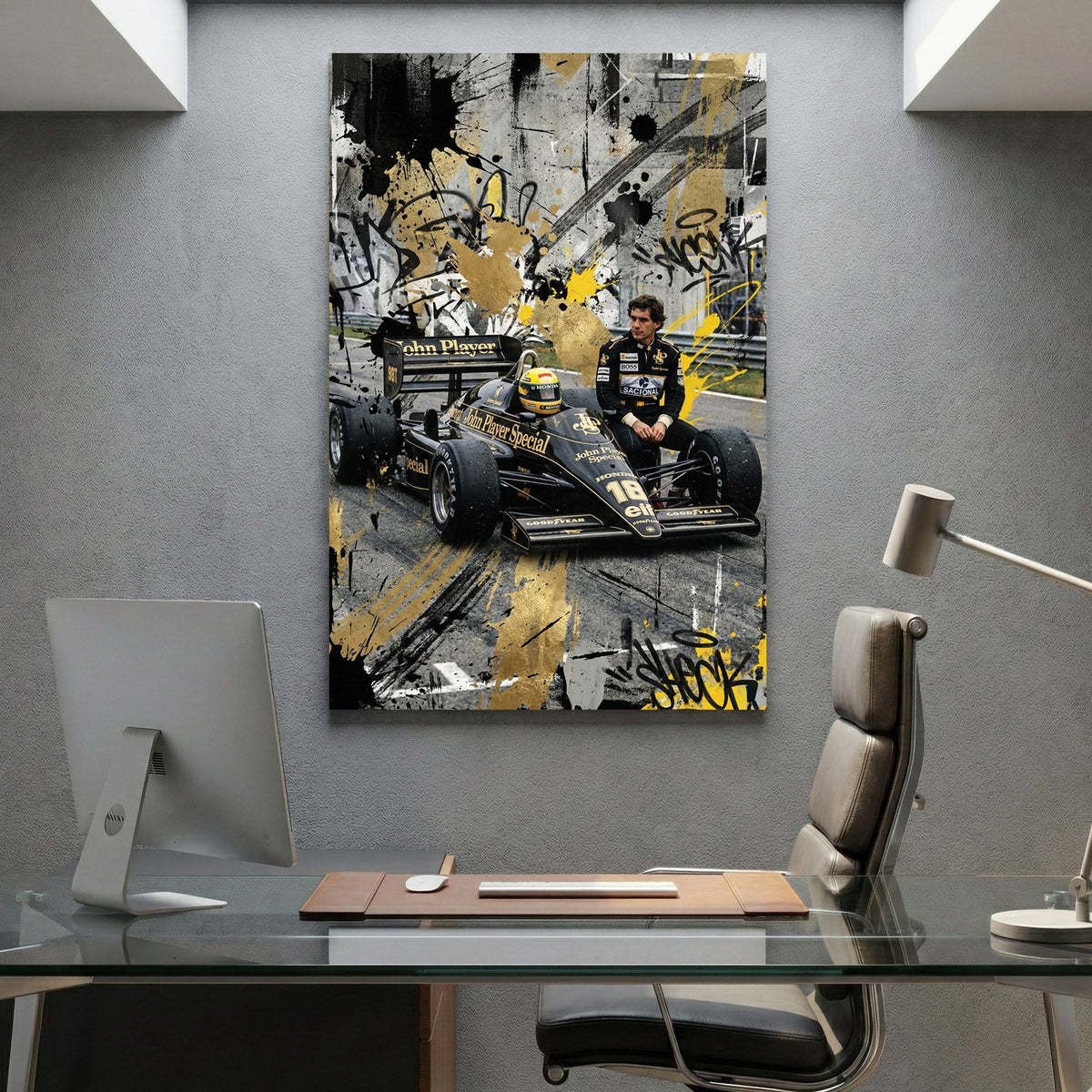 Ayrton Senna F1 car and driver gold black urban mixed media wall art